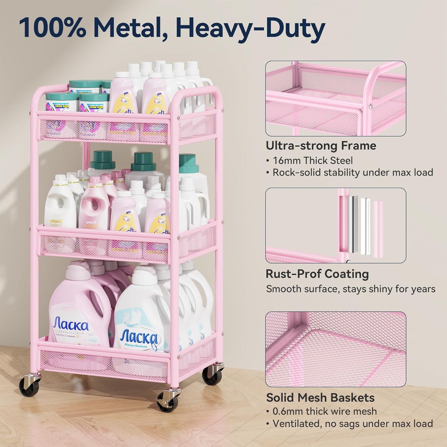 YASONIC 3 Tier Rolling Cart – Metal Utility Storage Carts with Wheels, Craft Carts Organizer with Hanging Cups, Hooks, Mesh Basket for Bedside Kitchen Office Art, Green