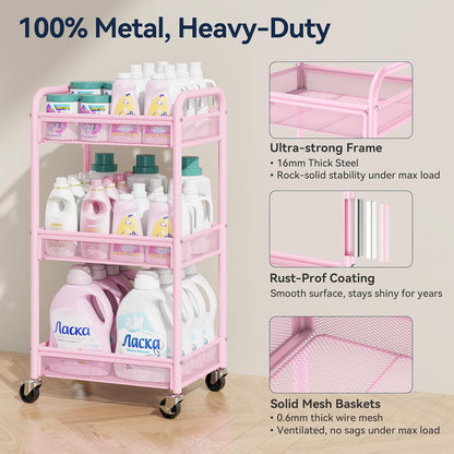 YASONIC 3 Tier Rolling Cart – Metal Utility Storage Carts with Wheels, Craft Carts Organizer with Hanging Cups, Hooks, Mesh Basket for Bedside Kitchen Office Art, Green