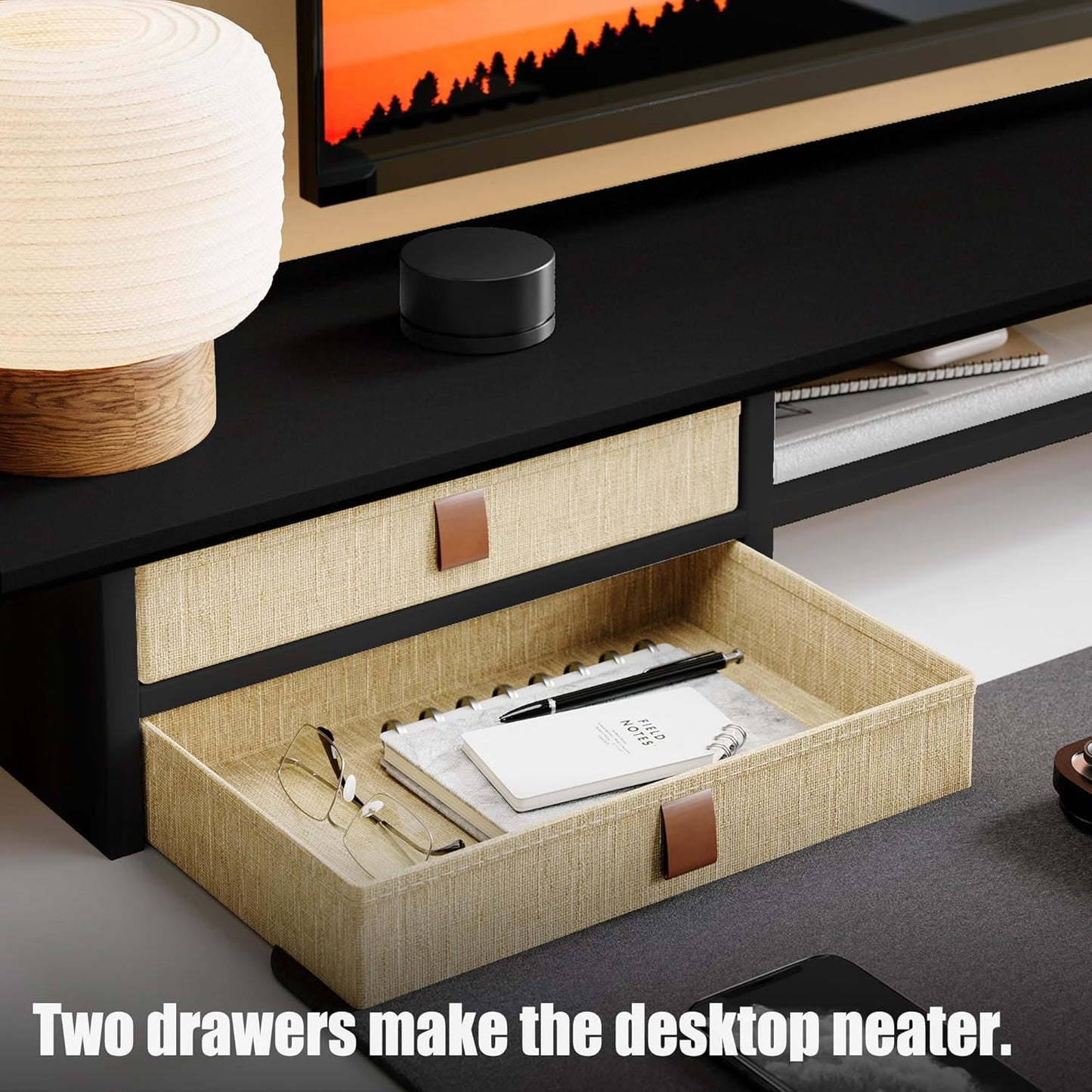 FENSULN Dual‑Tier Monitor Stand Riser with Drawers, Desktop Organizer Shelf Storage for Computer Screen 2 Monitors, Supports for PC Computer Monitor, Printer, Heavy TV Riser Brown and Black