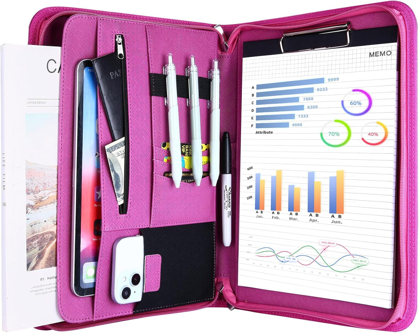 ProCase Portfolio Business Padfolio Folder with Zipper, Conference Meeting Executive File Legal Document Organizer with Pockets Letter Size A4 Writing Pad Notepad Padfolio -Black