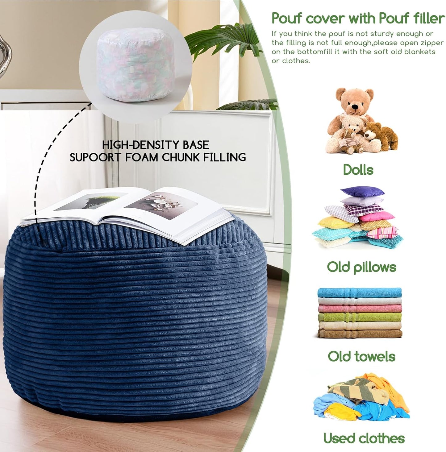 HIGOGOGO Round Stuffed Pouf Ottoman, Corduroy Poufs with Foam Chunk Filling, Furry and Fluffy Pouf Foot Stool Storage Ottoman, 20 X 15 Floor Poufs Foot Rest for Living Room, Dark Grey