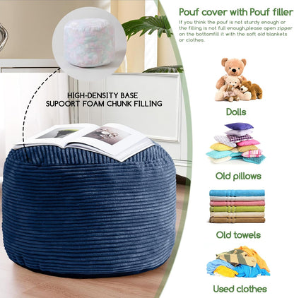 HIGOGOGO Round Stuffed Pouf Ottoman, Corduroy Poufs with Foam Chunk Filling, Furry and Fluffy Pouf Foot Stool Storage Ottoman, 20 X 15 Floor Poufs Foot Rest for Living Room, Dark Grey