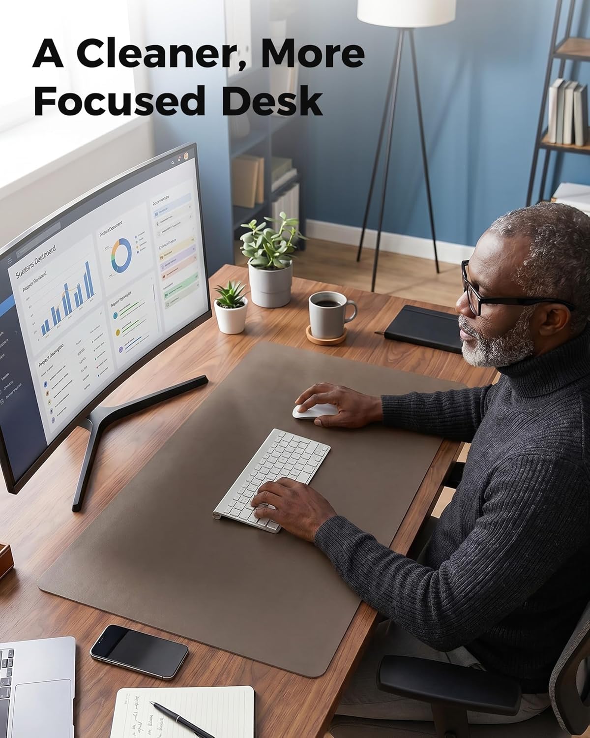 Aothia Dual-Sided Desk Pad - 25.6x13.7 inches Leather Desk Mat, Natural Cork Desk Pad Protector, Large Mouse Pad for Desk, Waterproof Desk Blotter Pad, Desk Writing Pad for Office Work/Home, Black