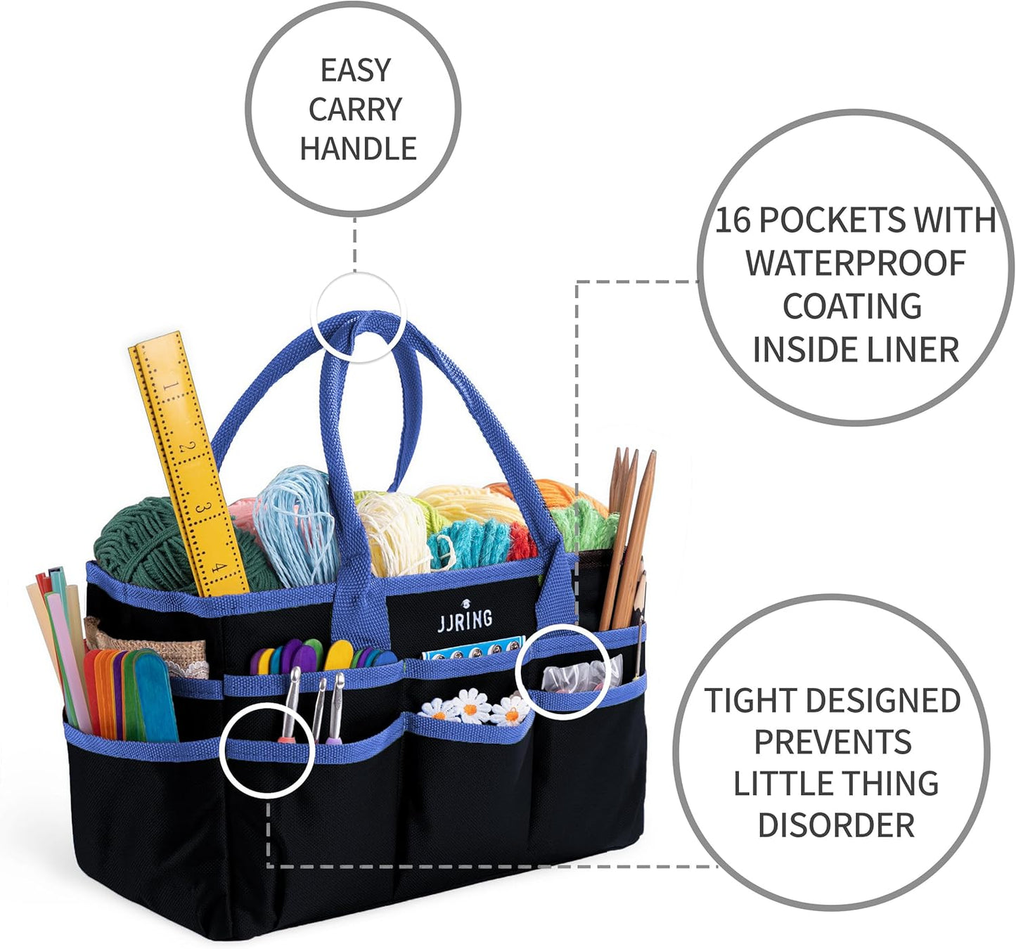 Jjring Craft and Art Organizer Tote Bag - 600D Silver Nylon Fabric Art Caddy with Pockets - for Art, Craft, Sewing, Medical, and Office Supplies Storage