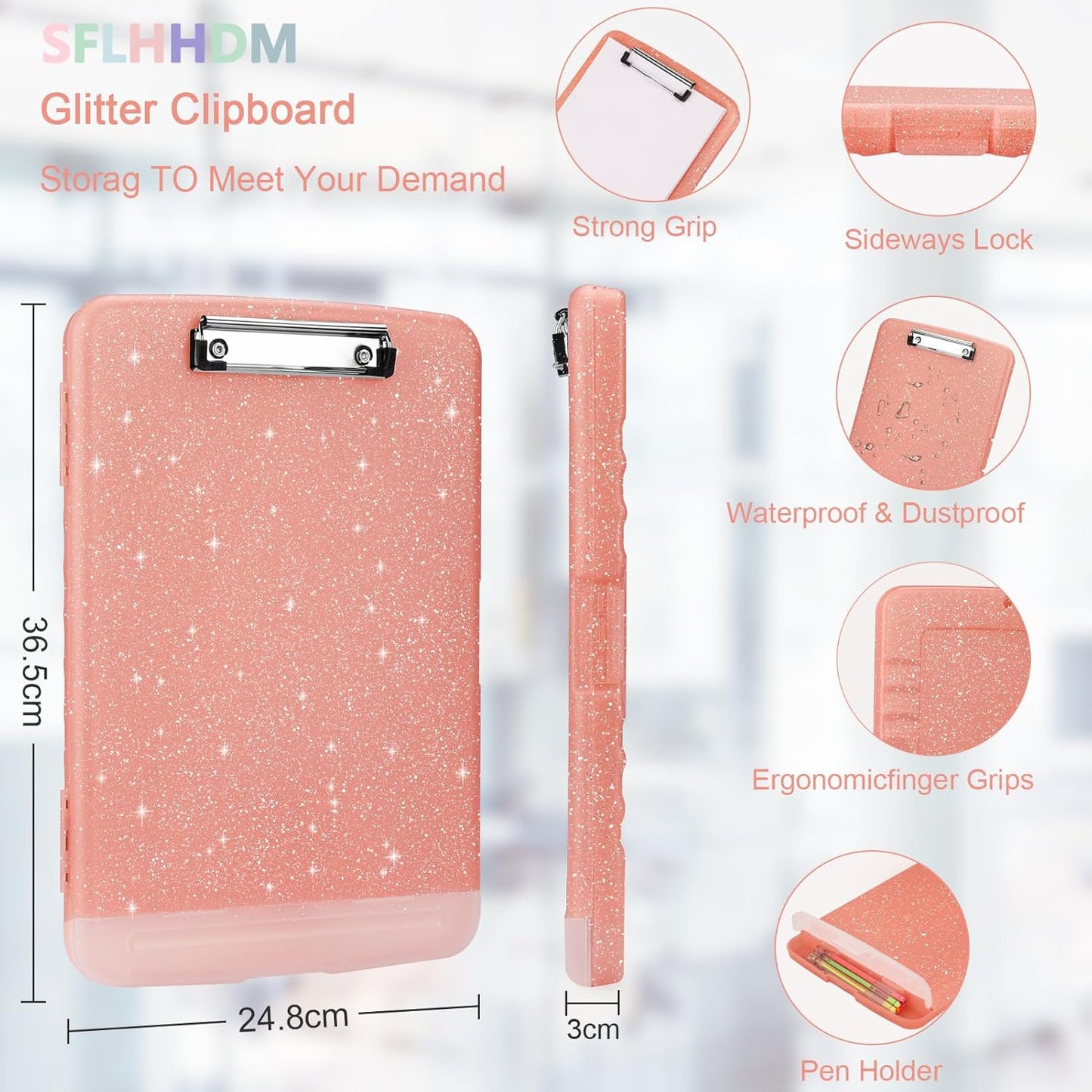 Glitter Clipboard with Storage,Storage Clipboard with Pen Holder,A4 Binder Clip Boards 8.5x11 with Low Profile Clip,Side Opening Sparkle Clipboards, Clipboards Folder for Office Supplies-Starry Black