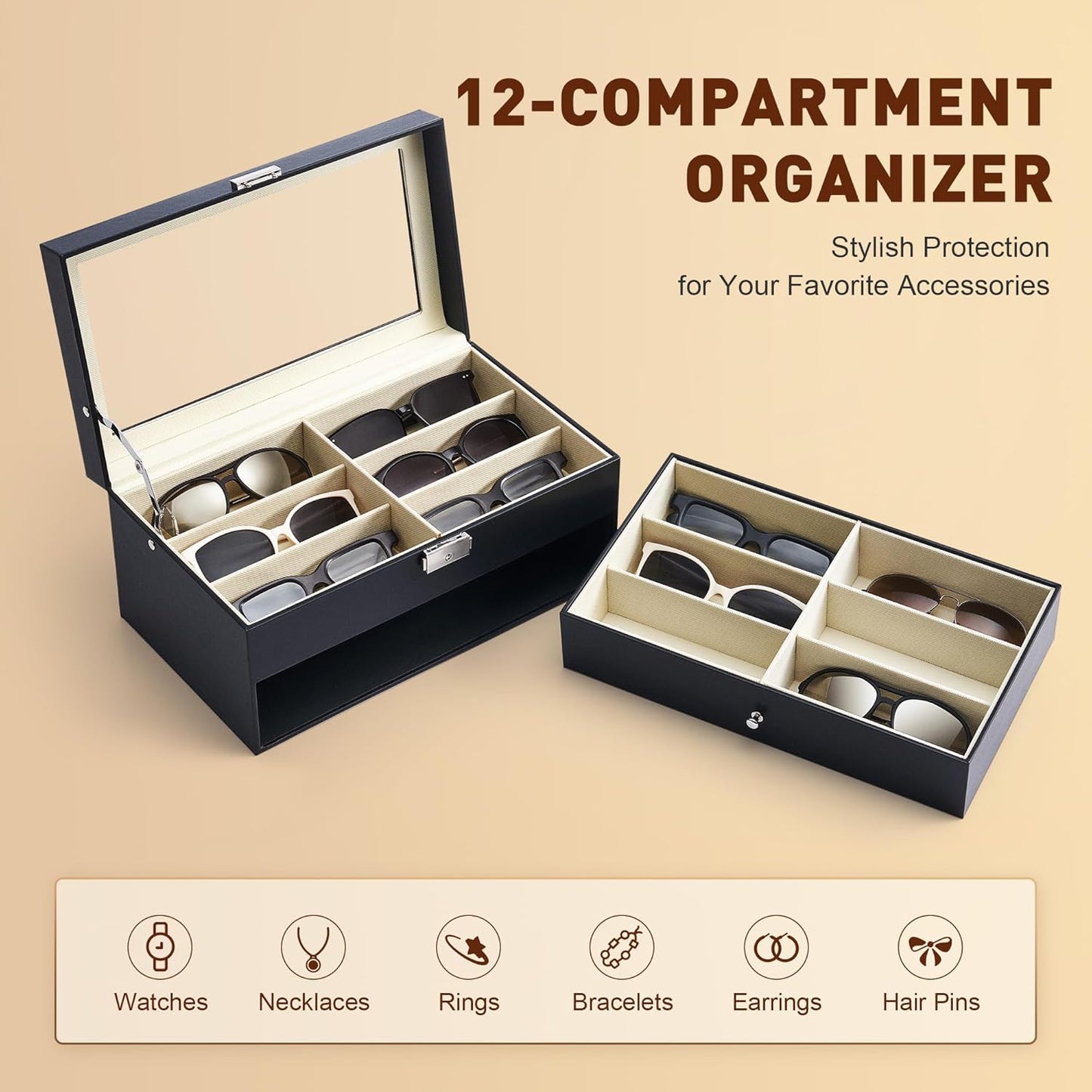 CO-Z Sunglasses Organizer with 12 Slots, Multiple Eyeglasses Eyewear Display Case for Women Men, 2 Story Leather Multi Sunglasses Jewelry Collection Holder with Drawer