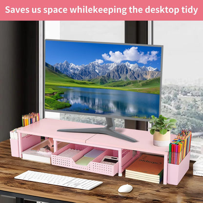 OPNICE Desk Organizers and Accessories, Dual Monitor Stand Riser with Drawer and 2 Pen Holders, Desk Shelf Wood Computer Racks for Office Workspace Organizers, Desktop Organization (Rustic Brown)