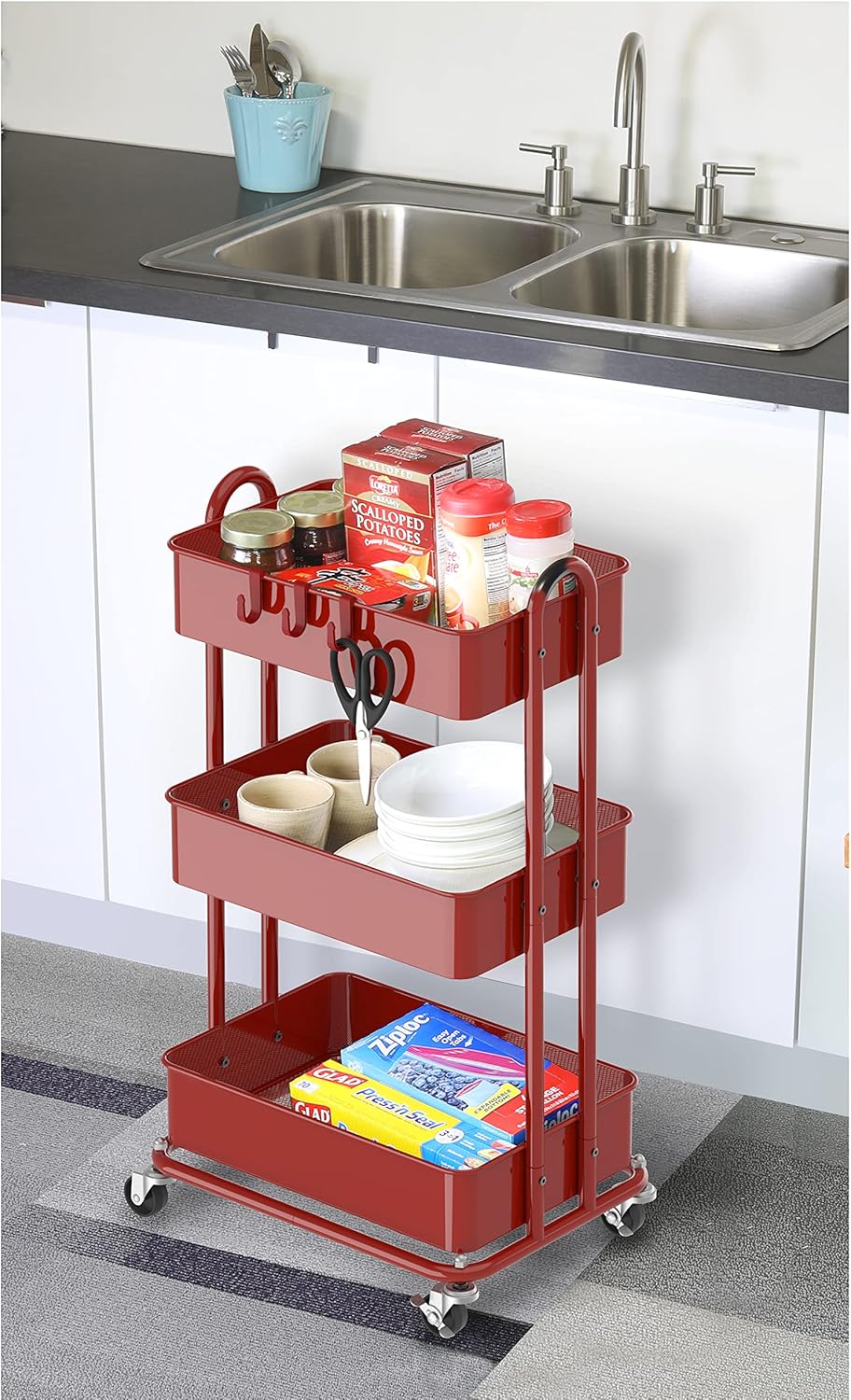 Simple Houseware 3-Tier Heavy Duty Metal Utility Rolling Cart, White