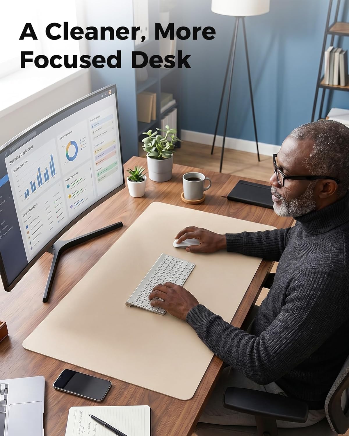 Aothia Dual-Sided Desk Pad - 25.6x13.7 inches Leather Desk Mat, Natural Cork Desk Pad Protector, Large Mouse Pad for Desk, Waterproof Desk Blotter Pad, Desk Writing Pad for Office Work/Home, Black