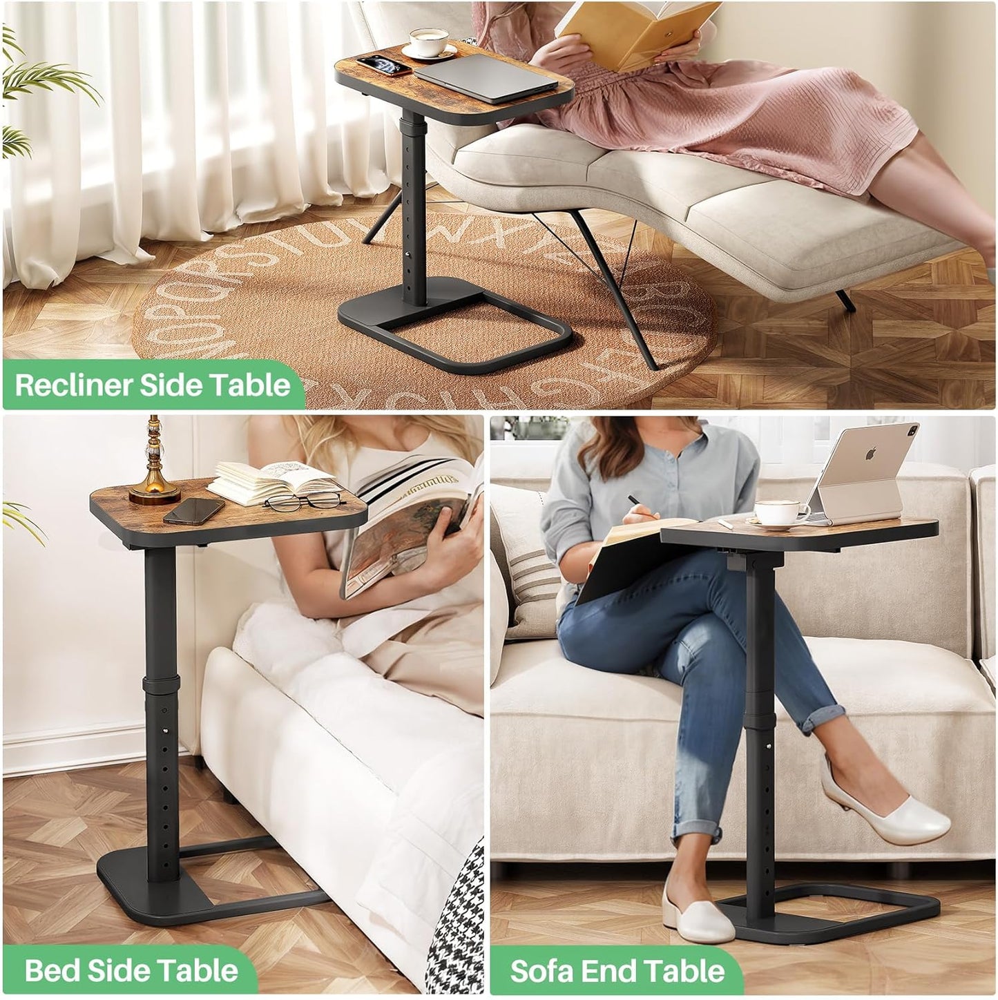 Kitstorack TV Tray Table, Adjustable Height & Flip-Top & Rounded Metal Corners, Snack Table for Couch, Sofa, Bed, Chair, Living Room, C Shaped End Side Table for Eating, Dinner or Laptop, Small Spaces
