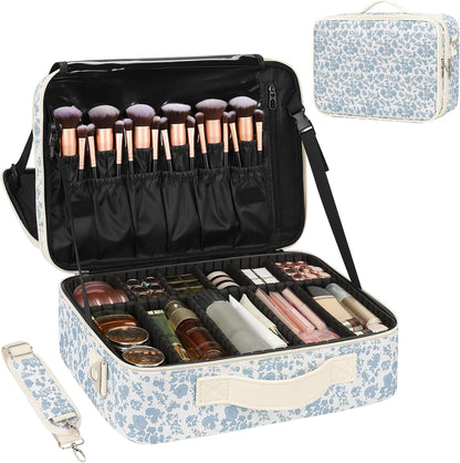Relavel Makeup Case Large Makeup Bag Professional Train Case 16.5 inches Travel Cosmetic Organizer Brush Holder Waterproof Makeup Artist Storage Box, 3 Layer Large Capacity, with Adjustable Strap