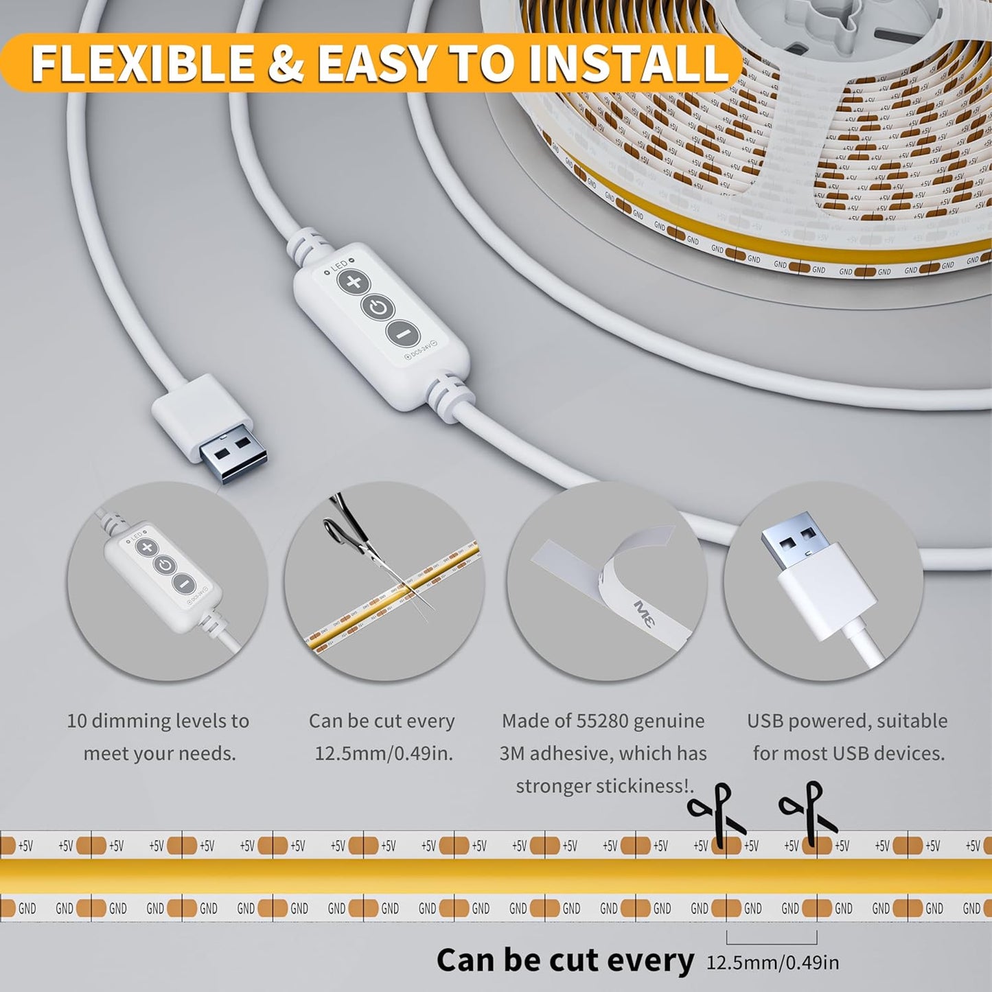 PAUTIX COB LED Strip Lights 5V USB Powered Dotless Super Bright Dimmable LED Lights 3000K Warm White 6.56ft TV Backlights,Flexible 3M Adhesive Under Cabinet Light for Bedroom,Kitchen,Shelf Lighting
