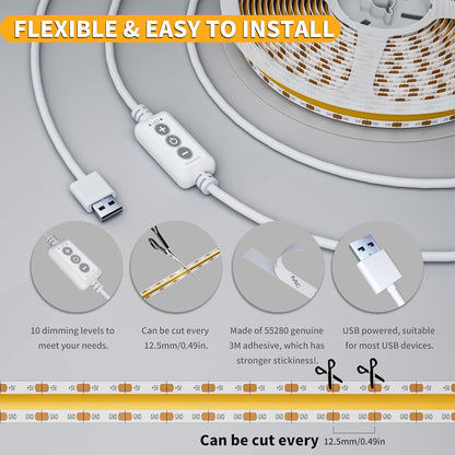 PAUTIX COB LED Strip Lights 5V USB Powered Dotless Super Bright Dimmable LED Lights 3000K Warm White 6.56ft TV Backlights,Flexible 3M Adhesive Under Cabinet Light for Bedroom,Kitchen,Shelf Lighting