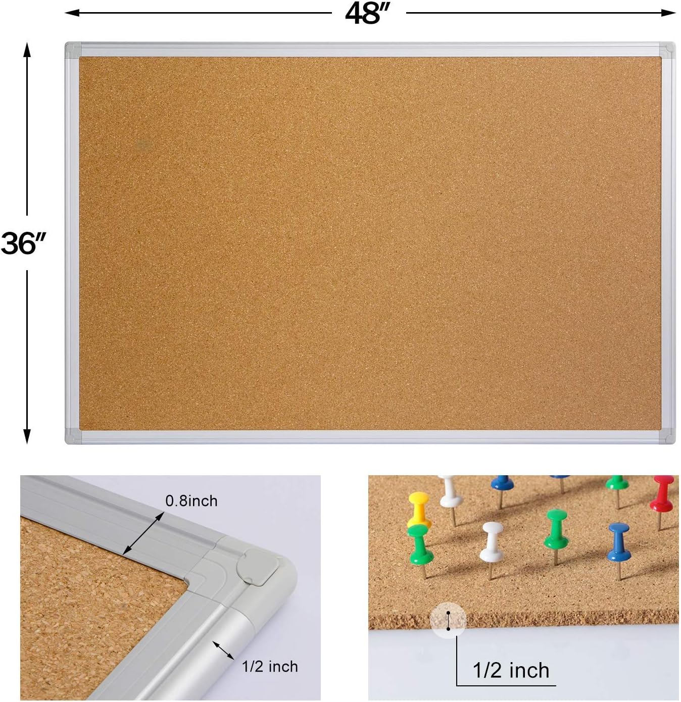 Bulletin Board 36 x 48, Silver Aluminium Framed 4x3 Large Wall Mounted Cork Office Notice Pin Board