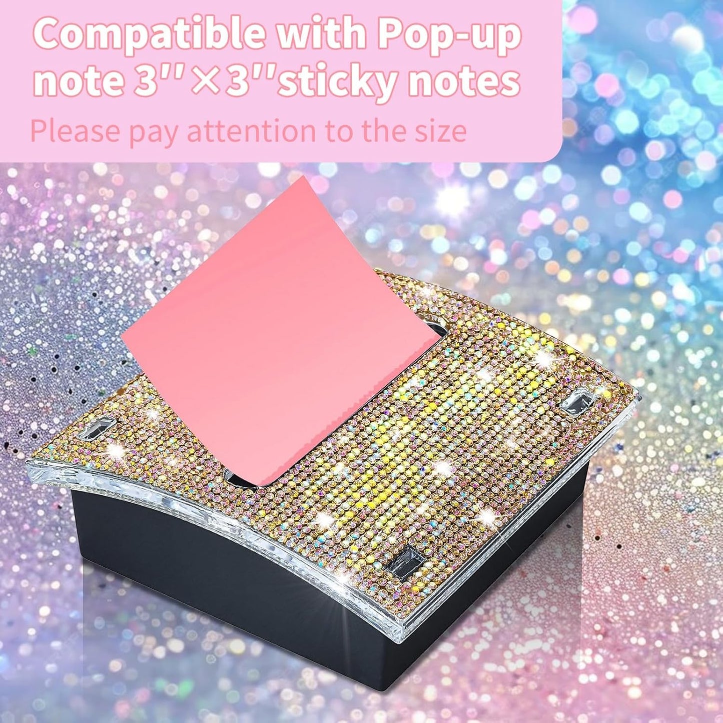 Rhinestone Self Sticky Note Holder Post it Note Dispenser Pop-Up Sticky Notes Dispenser 4 x 4 inch Post it Dispenser for Office Desk Accessories(Pink)