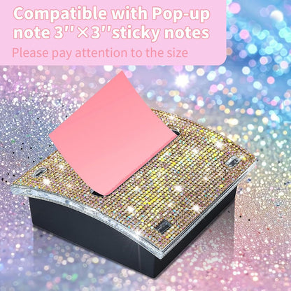 Rhinestone Self Sticky Note Holder Post it Note Dispenser Pop-Up Sticky Notes Dispenser 4 x 4 inch Post it Dispenser for Office Desk Accessories(Pink)