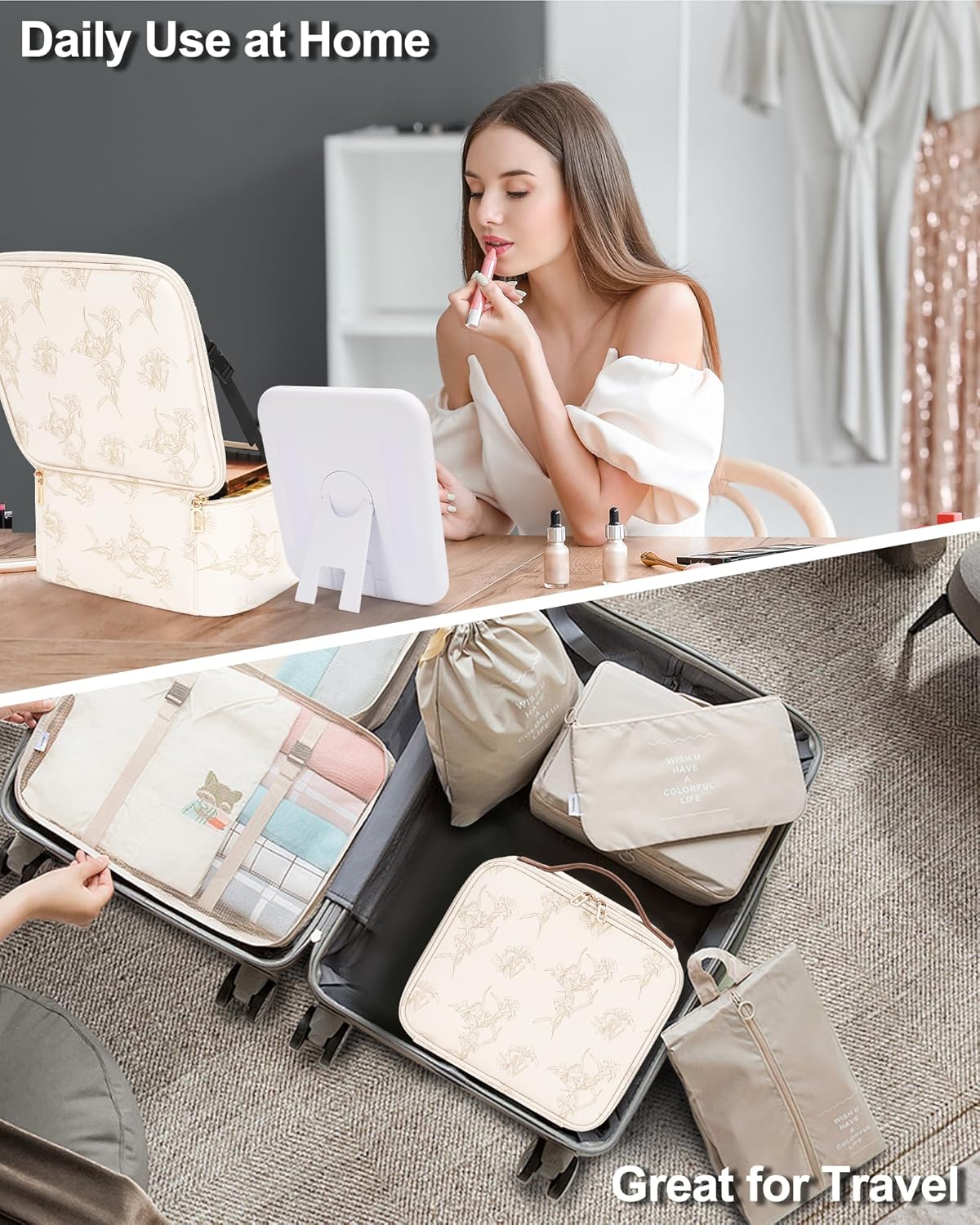 Relavel Travel Makeup Bag With LED Mirror, Cosmetic Train Case with Light up Mirror, Portable Makeup Artist Organizer Bag with Adjustable Dividers, Makeup Brush Holder Storage, Black