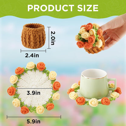 Flower Crochet Coasters, Handmade Bouquet Blanket Coaster with Crochet Plant Pot Fun Soft Decorative Drink Coasters for Coffee Tabletop Protection and Home Decor (Pink, 1Pc)