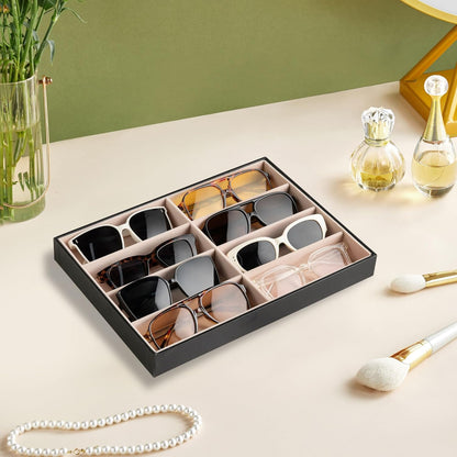 Frebeauty Sunglass Organizer,PU Leather Glasses Organizer,8-Slot Sunglasses Tray,Men's/Women's Sunglasses Box,Sunglass Case,13.3 x 9.6 x 1.5 Inches,Eyeglass/Eyewear Display Tray(Grey)