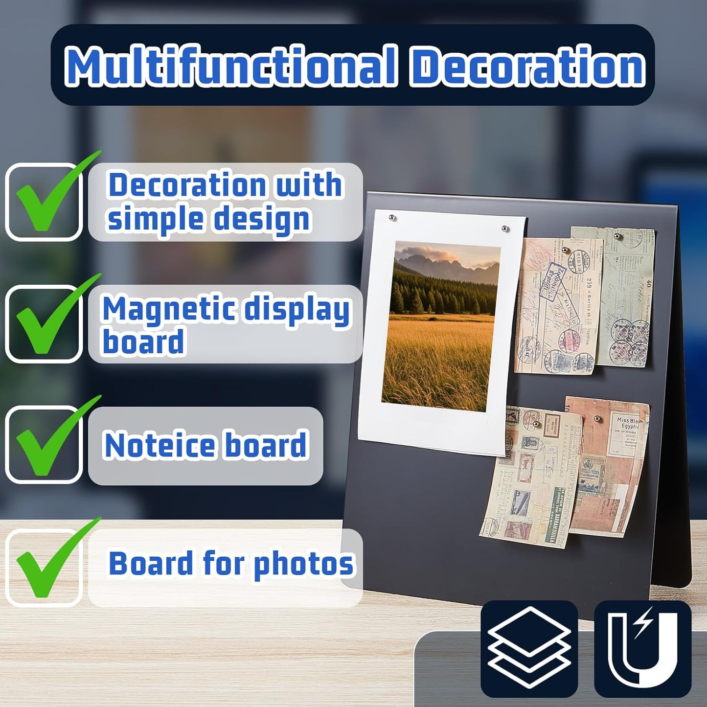 Leinuosen 1 Pcs 12 x 10 Inch Magnetic Bulletin Board Metal Magnet Board Magnet Display Stand for Tabletop Desktop Home Kitchen Office Decor (Black)