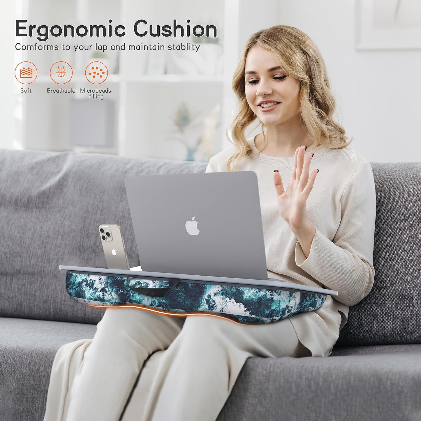 Lap Desk with Cushion, Fits up to 17 inch Laptop, Pillow Designed, Portable Laptop Stand with Tray, Pad & Phone Holder, Home Office for Bed/Couch/Car/Reading/Writing,MillHome (Black)