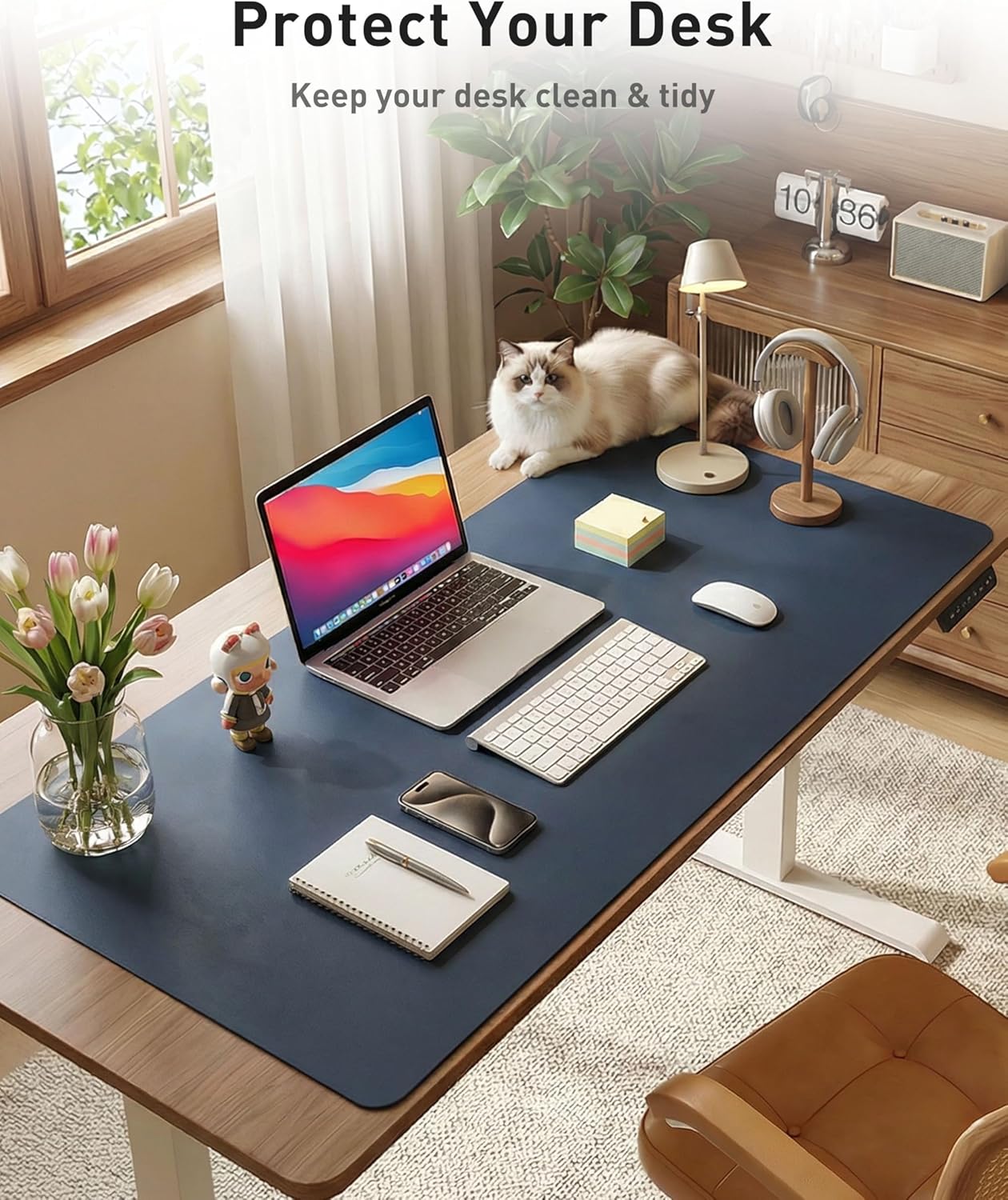 Aothia Non-Slip Waterproof PU Leather Desk Pad Protector for Mouse, Writing Desk, Office, Home, Laptop Blotter, 23.6" x 13.7", Black - Colors A