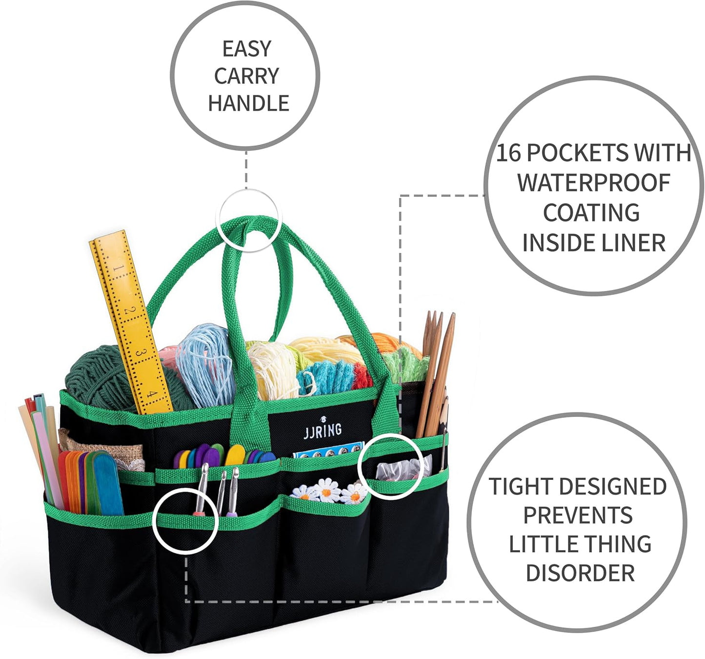 Jjring Craft and Art Organizer Tote Bag - 600D Silver Nylon Fabric Art Caddy with Pockets - for Art, Craft, Sewing, Medical, and Office Supplies Storage