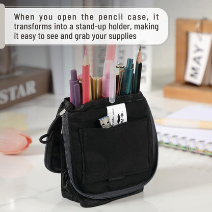 Mr. Pen- Standing Pencil Case Pouch, Sit & Lay Mesh-View Design, Black & Gray, Interior Pocket & 2 Elastic Binder Loops, Cute Pencil Case for Girls and Boys