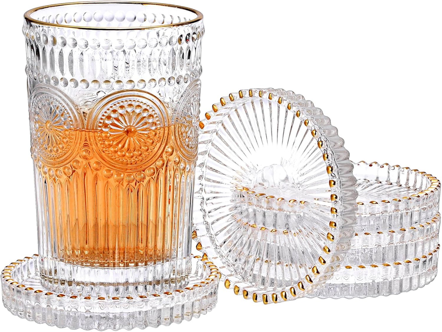 Modern Clear Coasters Set of 5- Glass Cute Coasters for Drinks Crystal Coaster Round Chic Cup Mat Cute Coffee Table Coaster for Kitchen, Bar, Dining Room, Living Room, Patio(Amber)