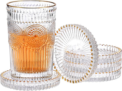 Modern Clear Coasters Set of 5- Glass Cute Coasters for Drinks Crystal Coaster Round Chic Cup Mat Cute Coffee Table Coaster for Kitchen, Bar, Dining Room, Living Room, Patio(Amber)