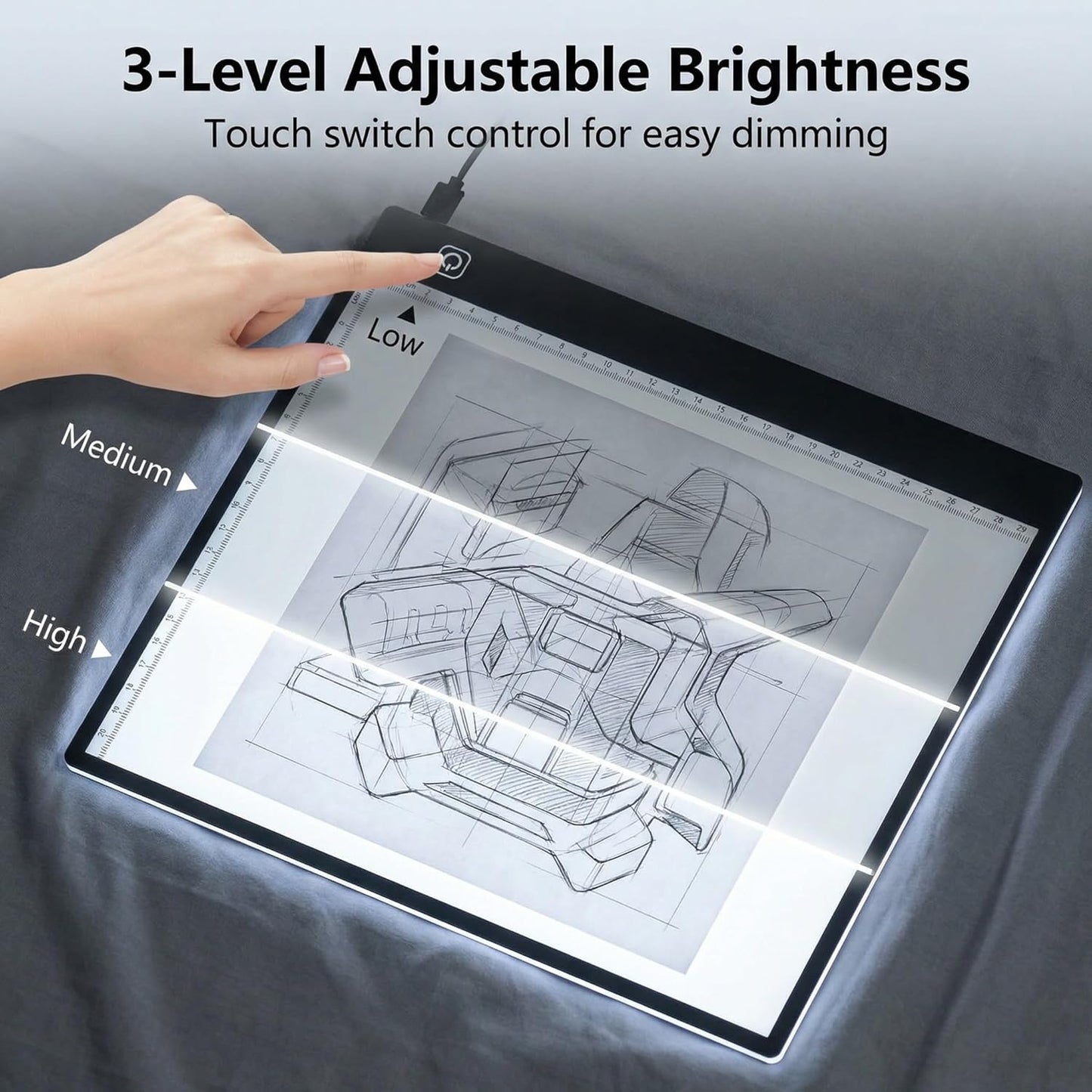 A4 Ultra-Thin LED Light Pad with Scale - 5000 Lux Stepless Dimmer Light Box for Diamond Painting, Tracing & Sketching - USB Powered Portable Light Table for Artists, Tattoos & Animation - Black