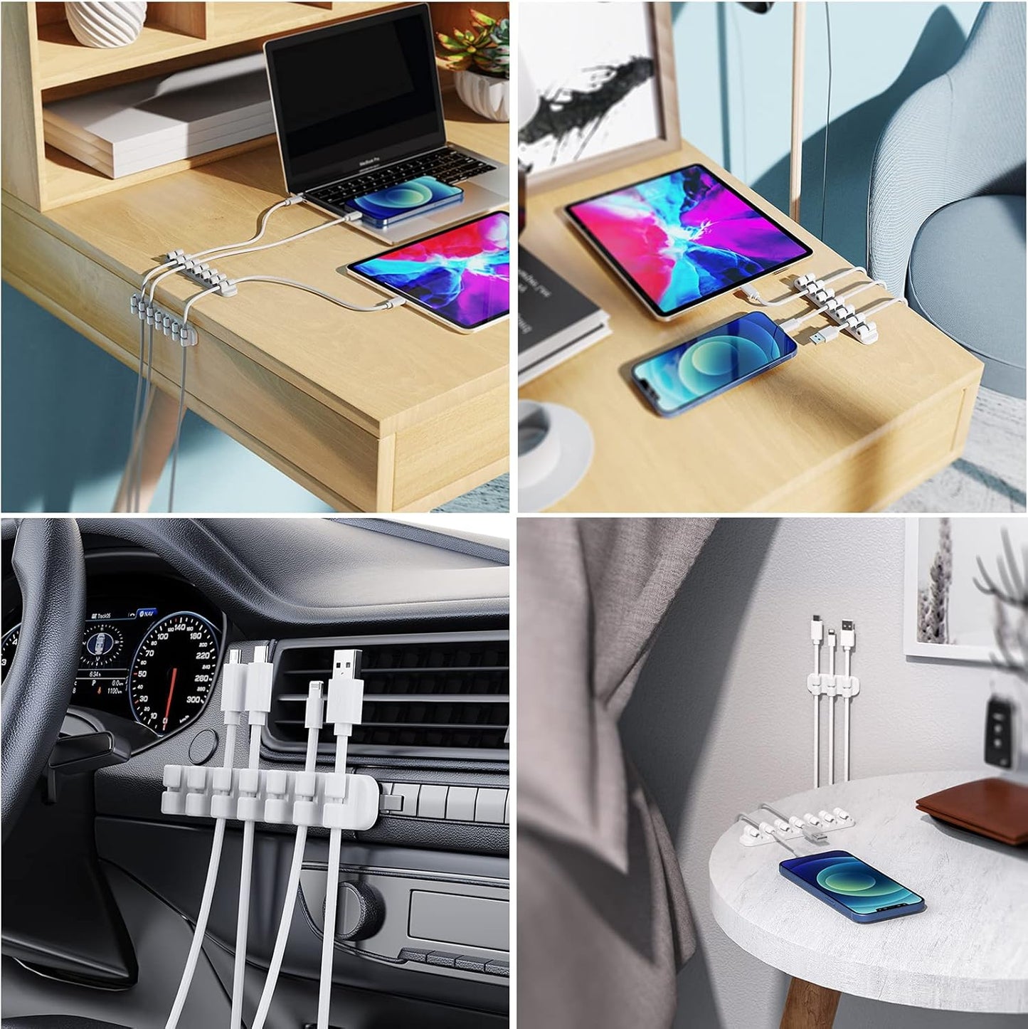 SOULWIT Upgraded Cable Holder, Cable Management Cord Organizer Clips Silicone Self Adhesive for Desktop USB Charging Cable Power Cord Bedside Wire PC Office Home (3/5/7 slot,White)