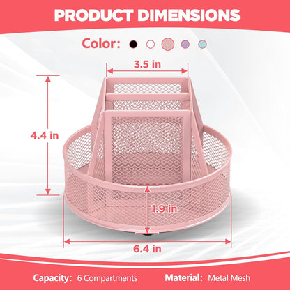Docnest 360° Rotating Pen Holder,Heavy-Duty Metal Mesh Desk Organizer with 6 Compartments for Pencils,Scissors & Markers –Space Saving Office Supply for Teachers, Students & Home Desk-Black