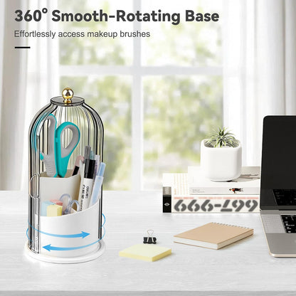Hvygss 360° Rotating Makeup Brush Holder with Lid, Waterproof Three-Compartment Makeup Organizer, 180° Side-Pull Door Desk Organizer, Dustproof Brush Holder for Vanity and Bathroom (Transparent)