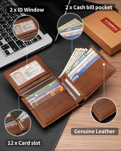 Mens Wallet With AirTag Holder, Bifold Leather RFID Blocking 1-2 ID Windows 12-13 Card Holders, Gift Box and Screen Protector Included, AirTag Not Included
