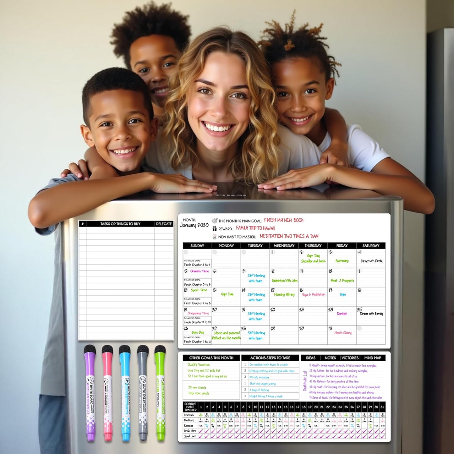 Magnetic Whiteboard for Fridge - Large Dry Erase Calendar for Wall | 2 Magnetic Dry Erase Board 10.5" x 16.5" & 7" x 16.5", Monthly Goal Setting & Habit Tracker, 5 Markers and 6 Adhesive Hooks