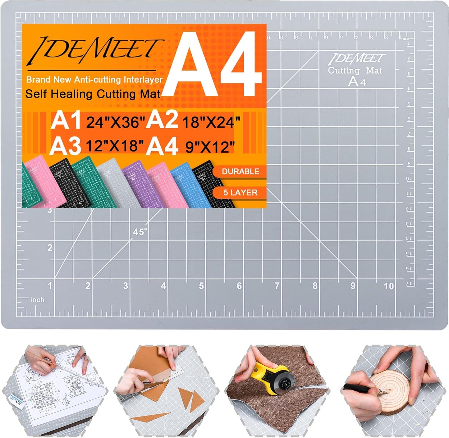 Density-upgraded 18"x12" Self Healing Cutting Mat, Idemeet Rotary Sewing Mat for Crafts, 5-Ply Blade Table Protector Cut Board for Fabric Leather Cutting Quilting Modeling Hobby Project, A3, Black