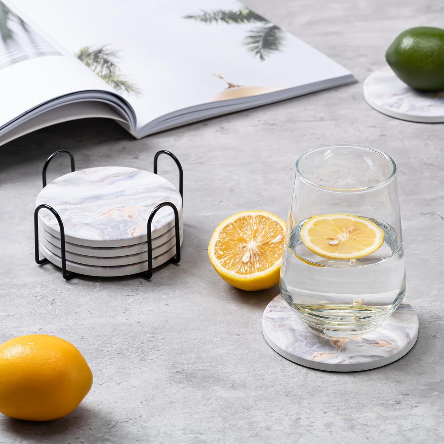 6Pcs Drink Coasters with Holder, Marble Style Ceramic Drink Coaster, Absorbent Coasters Set Suitable for Kinds of Cups, Modern Style Coaster for Coffee Table, 4 Inches