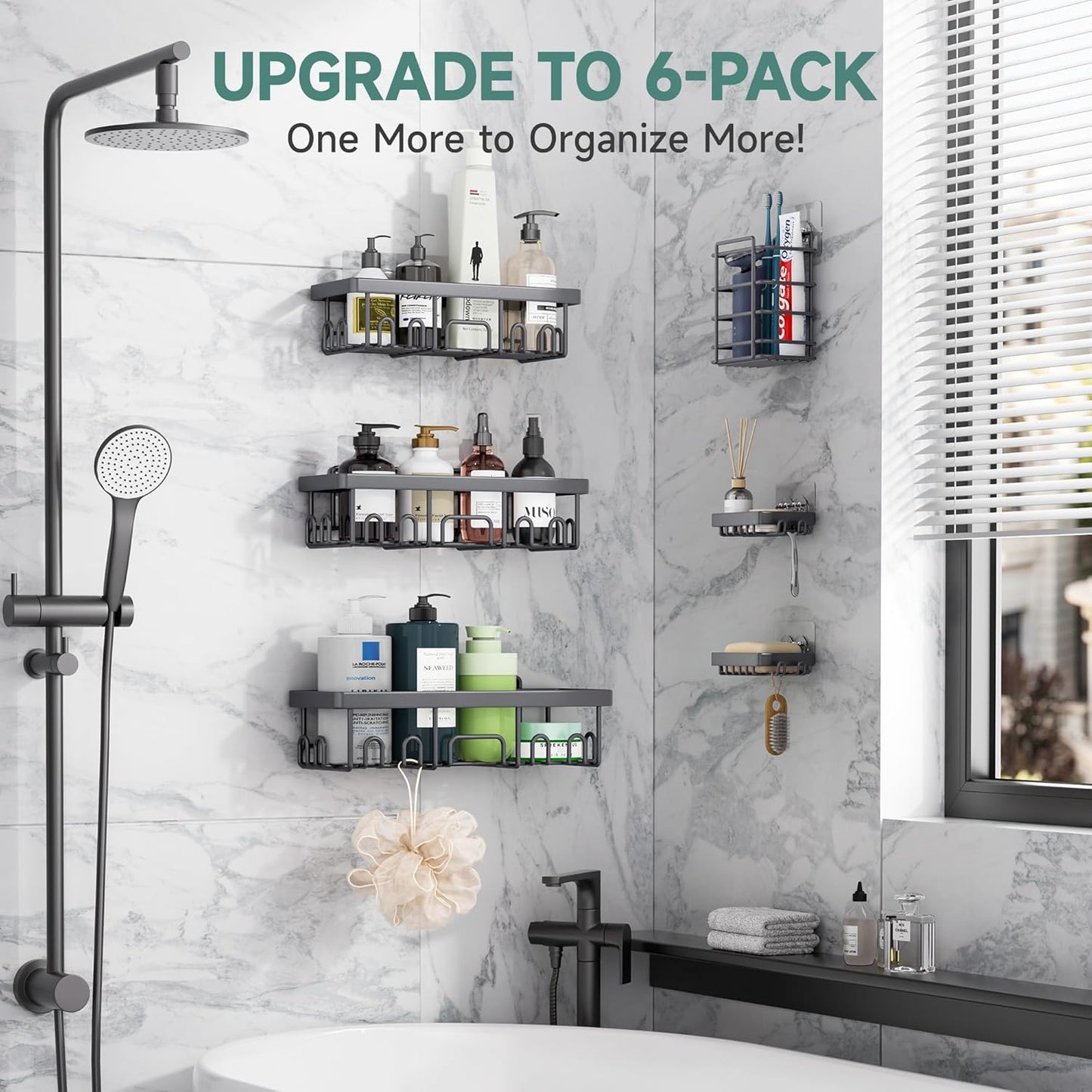 Veken Shower Caddy 6-Pack, Advanced Rustproof Design, No Drilling Adhesive Shelves, Rack with Soap Holder, Large Capacity Bathroom Organizers and Storage, Wall-Mounted Kitchen & Home Decor