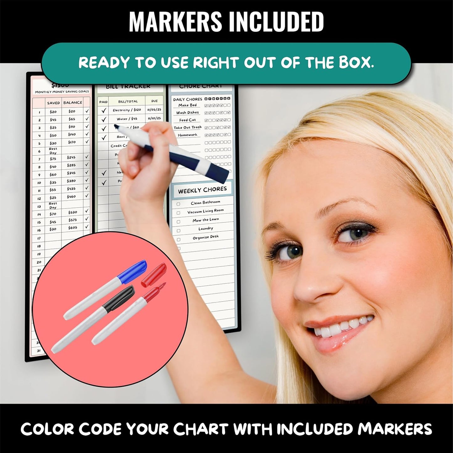 Magnetic Dry Erase Budget Planner and Bill Organizer | 10" x 14" Whiteboard Calendar for Wall or Fridge | Monthly Bill Tracker, Chore Chart, and Family Organizer | Dry Erasable Markers Included