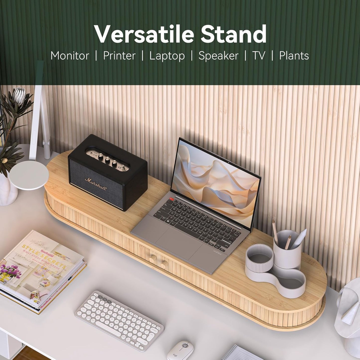 Bamboo Monitor Stand with Storage, Curved Computer Laptop Stand Desk Shelf Organizer with Sliding Doors (25 inch)