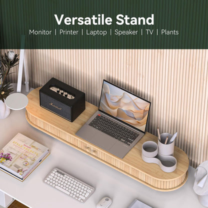Bamboo Monitor Stand with Storage, Curved Computer Laptop Stand Desk Shelf Organizer with Sliding Doors (25 inch)