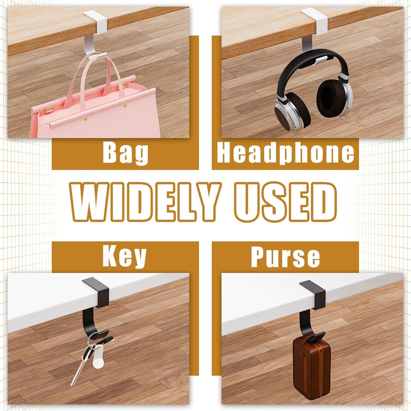 CroBlissful 4 Pcs Purse Hook for Table Nail Free Handbag Hanger for Desk Heavy Duty Purse Hook for Hanging Bags Umbrellas Keys Cups Headphone(Black)