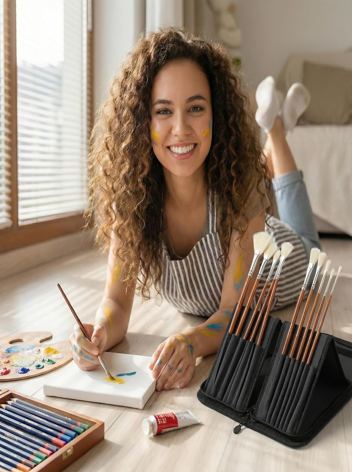 DUGATO Short Paint Brush Holder & Organizer 5.4x10.7 Inches, Blue Canvas Bag for Brushes up to 9.3" Length, Case with 15 Slots, Artist Brush Carrying Case (Brush Not Included)