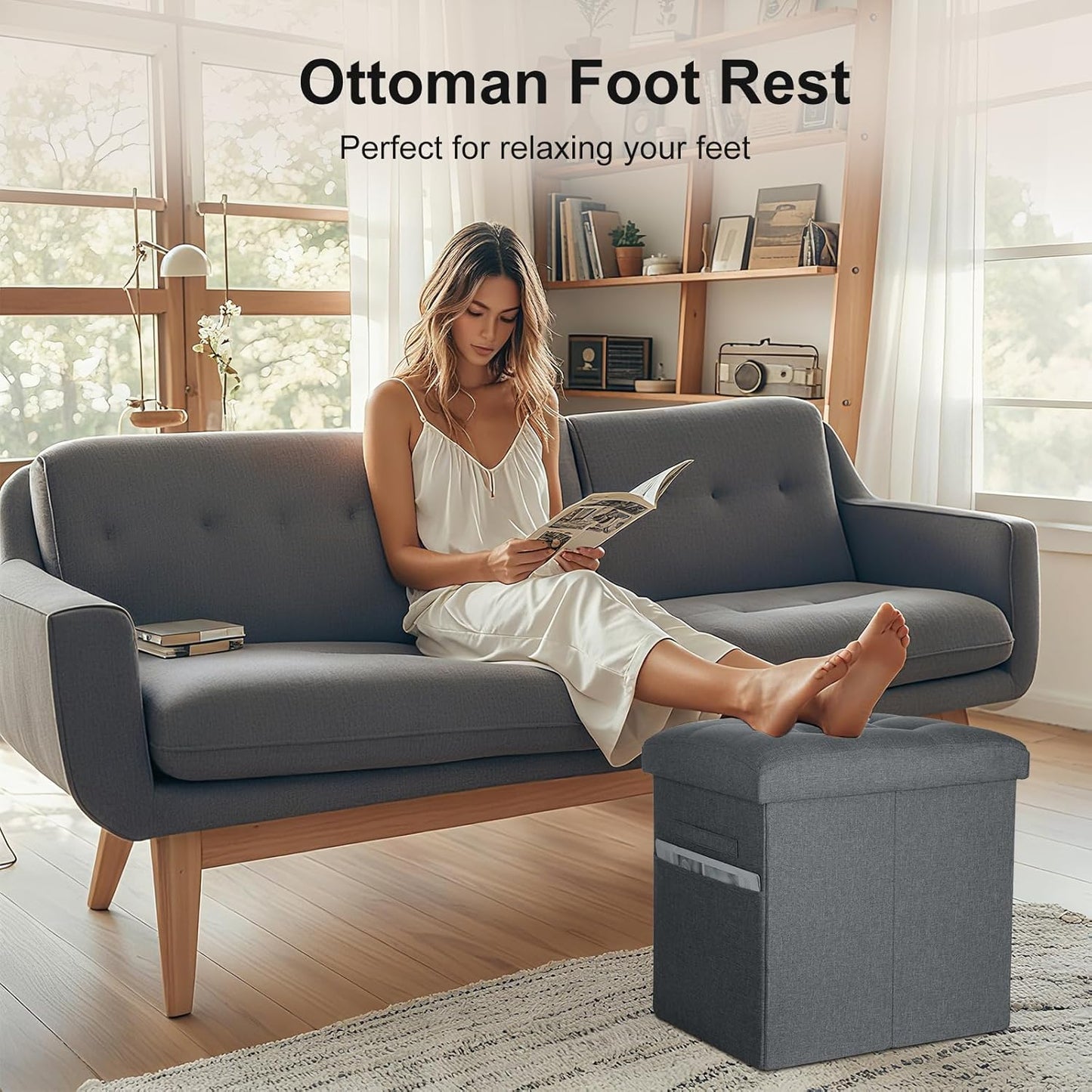 Storage Ottoman with Extra Thick Foam Padded Seat, Foldable Foot Rest Stool with Linen Fabric, 43L Ottoman with Storage Bench for Bedroom Living Room, Holds Up to 300lbs, 17x13x13in, Dark Gray