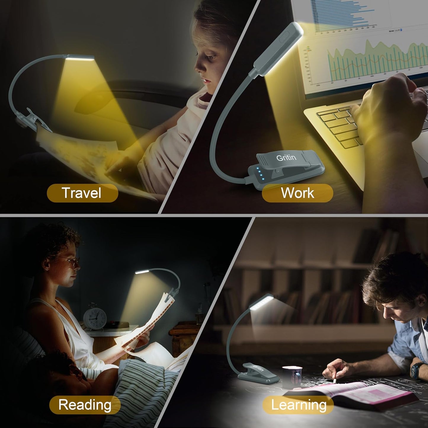 Gritin 9 LED Rechargeable Book Light for Reading in Bed - Eye Caring 3 Color Temperatures,Stepless Dimming Brightness,80 Hrs Runtime Small Lightweight Clip On Book Reading Light for Studying