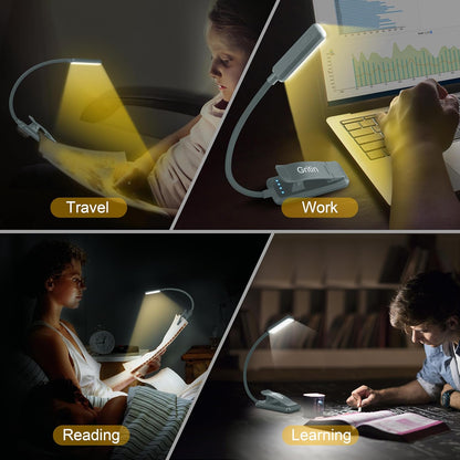 Gritin 9 LED Rechargeable Book Light for Reading in Bed - Eye Caring 3 Color Temperatures,Stepless Dimming Brightness,80 Hrs Runtime Small Lightweight Clip On Book Reading Light for Studying
