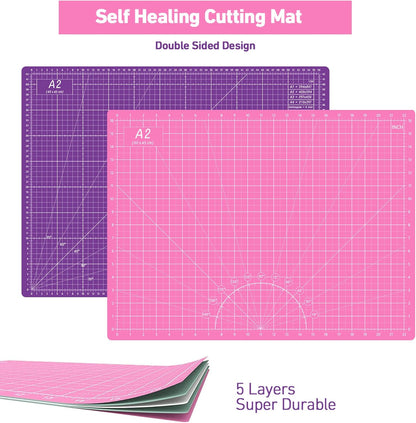 Headley Tools Rotary Cutter Set - 45mm Fabric Cutter, 5 Extra Rotary Blades, A3 Cutting Mat, Quilting Ruler and Sewing Clips, Craft Knife Set, Ideal for Crafting, Sewing, Patchworking, Purple