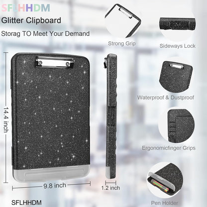 Glitter Clipboard with Storage,Storage Clipboard with Pen Holder,A4 Binder Clip Boards 8.5x11 with Low Profile Clip,Side Opening Sparkle Clipboards, Clipboards Folder for Office Supplies-Starry Black