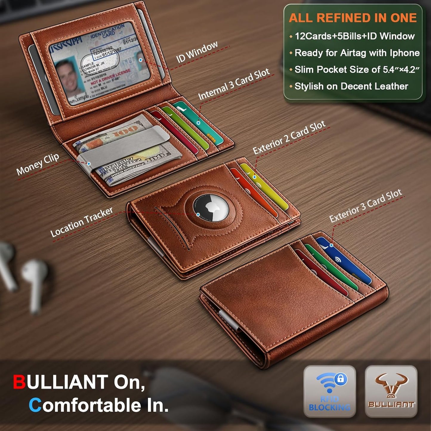 BULLIANT Men Airtag Wallet,Slim Wallet Money Clip Card Holder Magnetic Closure 12 Cards in Front Pocket RFID Blocking